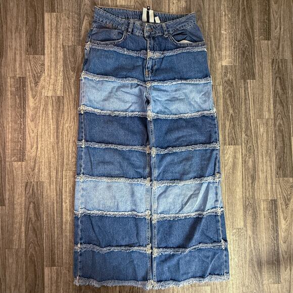 Ragged Jeans Patchwork Denim Maxi Skirt Size 30 Blue Two Tone Frayed Panels - Picture 1 of 9